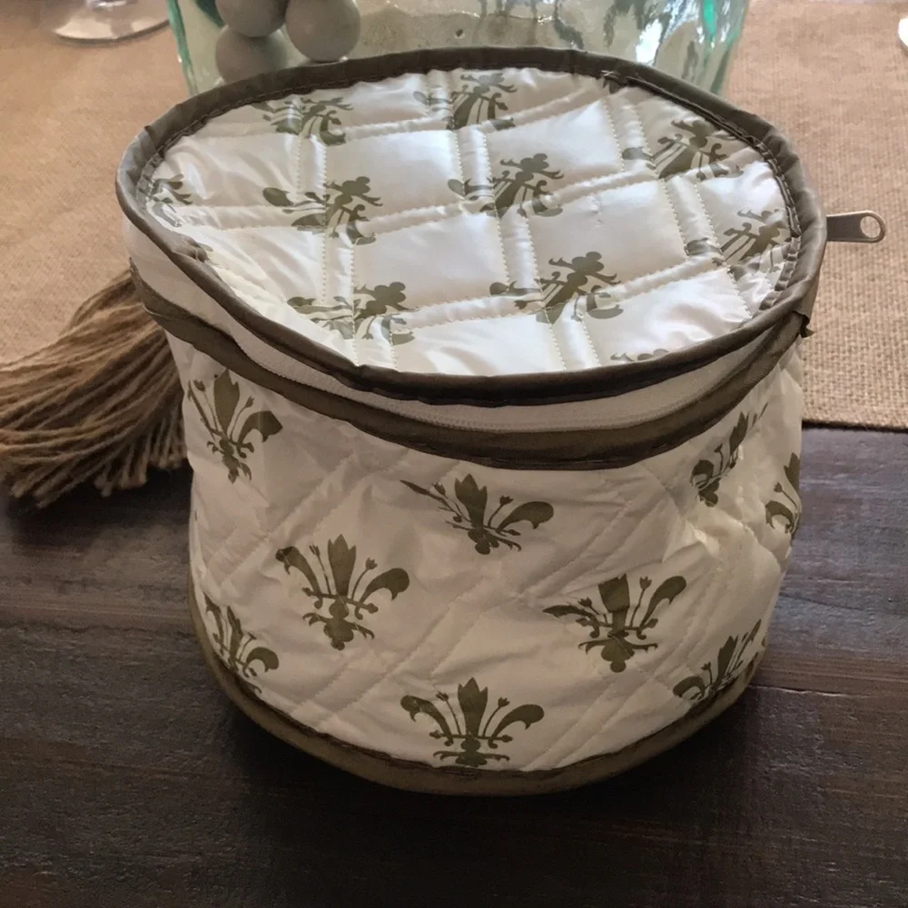 Vintage RARE Fleur De Lis Print Quilted Plastic Round Zipper Storage Set…